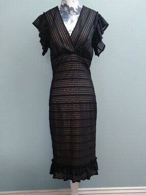 Black Lace Bodycon Dress with Ruffled Sleeves and hem